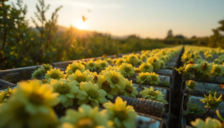 Colmenas de poliestireno en un colorido apiario recolectando polen.