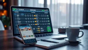 Experience seamless betting with MV 88 on modern devices, showcasing a digital interface in a stylish workspace.