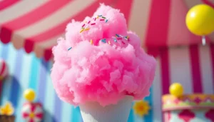 Geniet van wafel katoen met kleurrijke sprinkles op een levendig zomers festival.