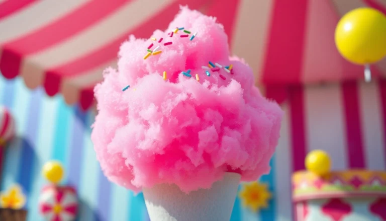 Geniet van wafel katoen met kleurrijke sprinkles op een levendig zomers festival.