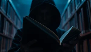 Engaging figure holding a Thriller book in a moody library setting with dramatic lighting.