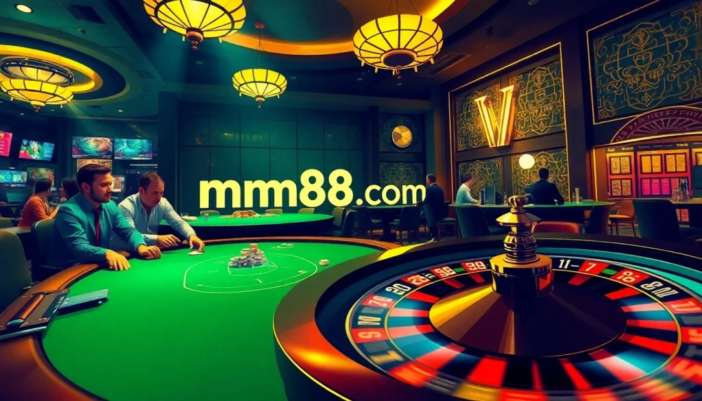 Experience thrilling casino action at mm88.com with players at a poker table and vibrant roulette.
