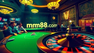 Experience thrilling casino action at mm88.com with players at a poker table and vibrant roulette.