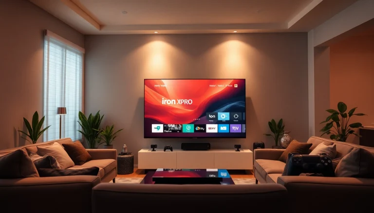 Watch vibrant content on Iron TV Pro in a modern living room setting.