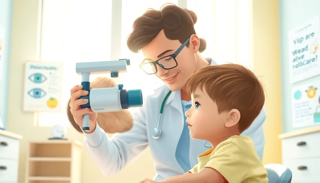 Provide eye care for children with Our Children's Vision initiative, highlighting a child's eye exam.