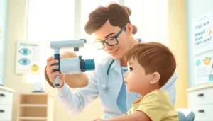 Provide eye care for children with Our Children's Vision initiative, highlighting a child's eye exam.