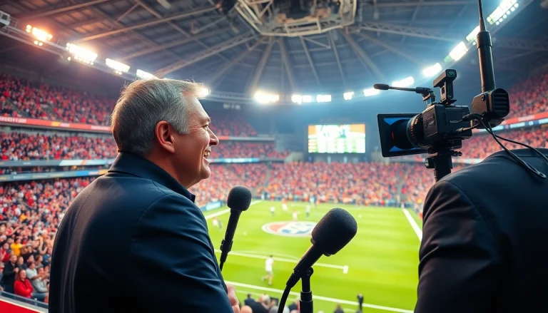 스포츠중계 중계하는 아나운서와 열광하는 관중이 있는 경기장