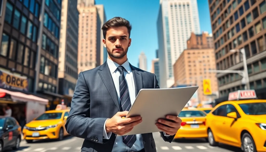 Engaged job seeker focused on applying for jobs new york in a vibrant urban cityscape.