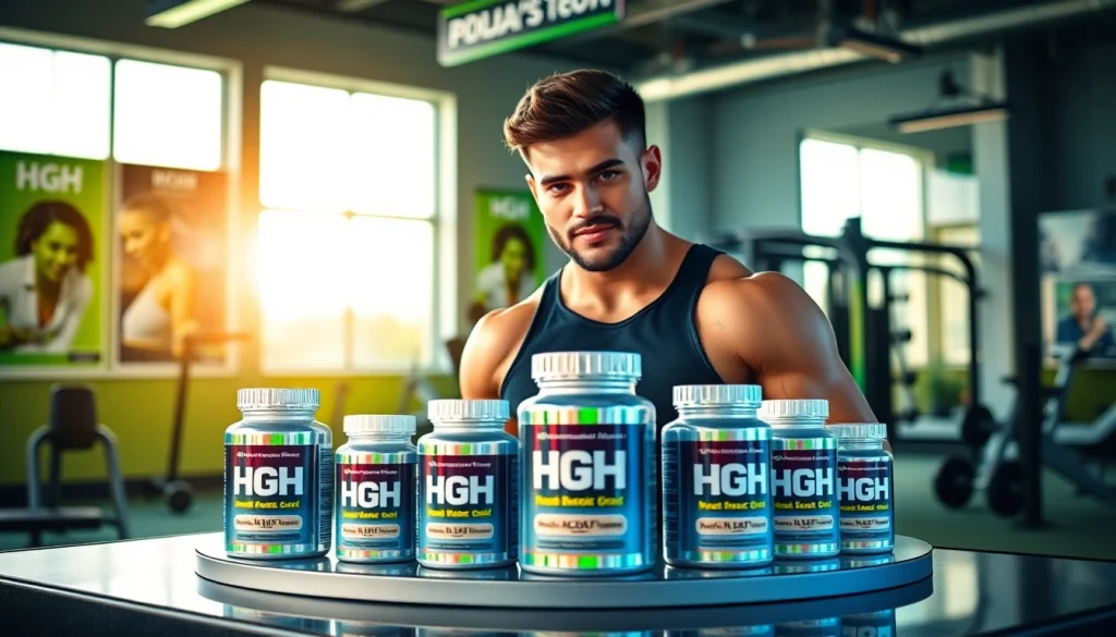 Explore HGH FOR SALE through a fitness enthusiast showcasing premium products in a vibrant gym setting.