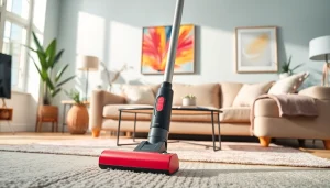 Efficiently using the best cordless vacuum to clean a stylish modern living room, showcasing its powerful capabilities.