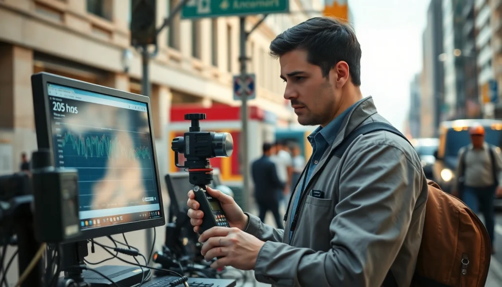 Conducting a noise impact assessment with detailed data and urban backdrop for analysis.