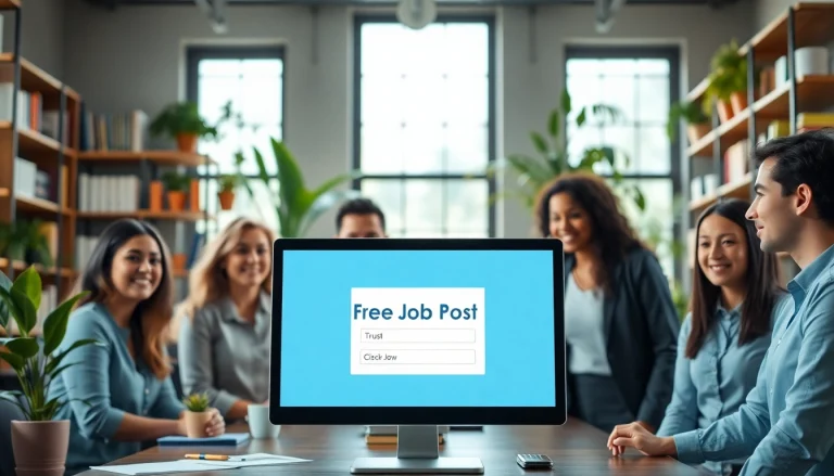 Efficient workplace atmosphere showcasing a free job post on a computer screen amidst team collaboration.