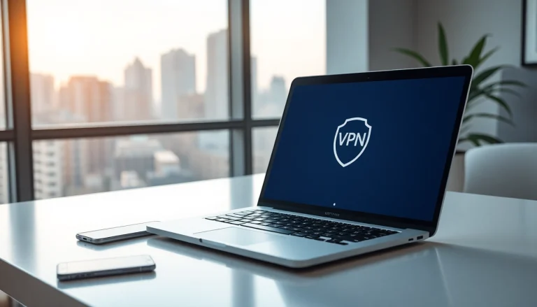 快连vpn下载 interface displayed on a sleek laptop in a modern workspace.