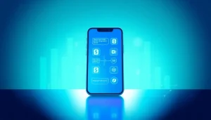 다양한 결제 아이콘과 금융 차트를 보여주는 스마트폰을 중심으로 한 소액결제 개념