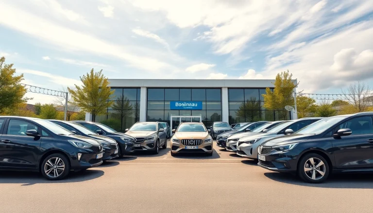 Rent a car Moldova: Diverse rental cars in front of a Chisinau rental office with local landmarks visible.