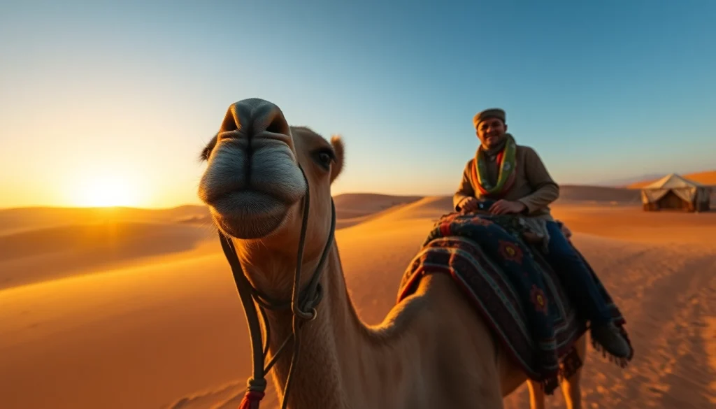 Agafay Desert camel ride at sunset featuring a camel and guide against golden dunes.