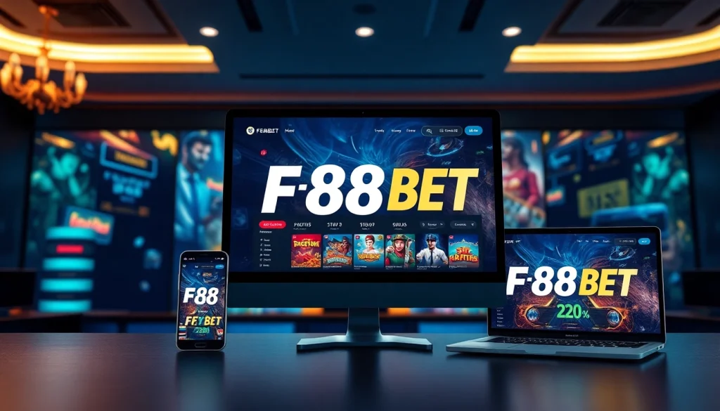 F88BET online betting platform interface showcasing games and features in a luxurious environment.