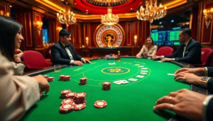 Engaging players enjoy thrilling games at a luxurious casino table, representing https://79king2.sa.com/ with vibrant chips and cards.