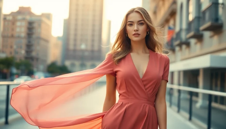 Rivelle model showcasing chic fashion in a vibrant urban setting.