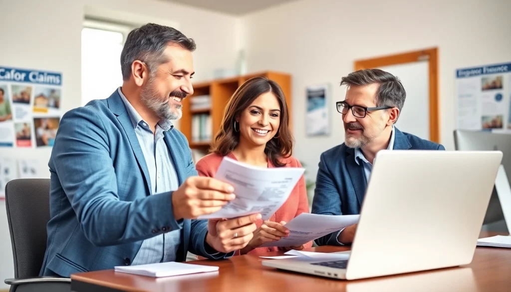 Discussing Property Insurance Claims with an agent and homeowner in a bright office.