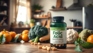 高品質な葉酸サプリのボトルが新鮮な野菜と果物に囲まれ、健康とウェルネスを連想させる。