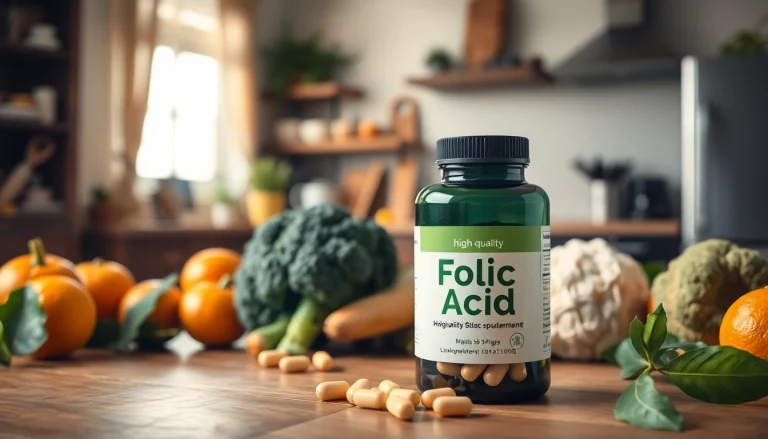 高品質な葉酸サプリのボトルが新鮮な野菜と果物に囲まれ、健康とウェルネスを連想させる。