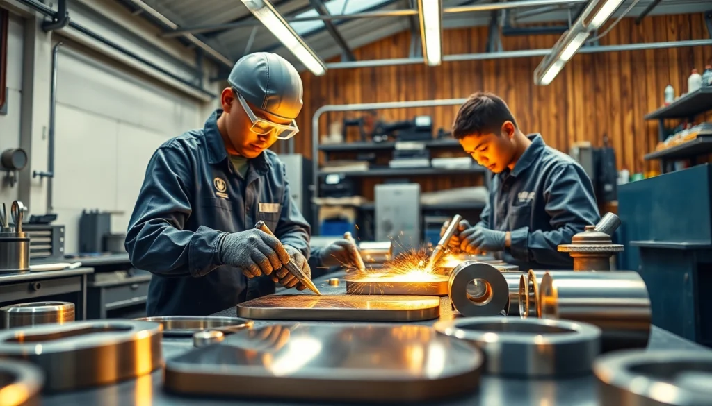 Showcase of metal polishing Malaysia with skilled technicians and polished metal products in a professional workshop setting.