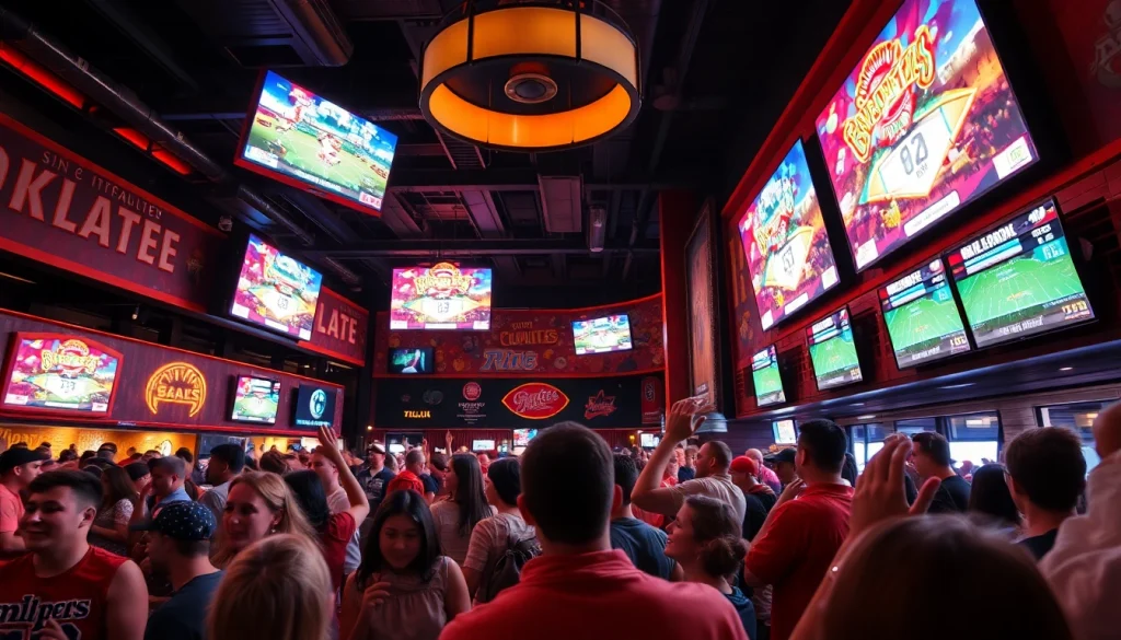 Engaging scene of sports betting in Oklahoma with fans celebrating at a sports bar.