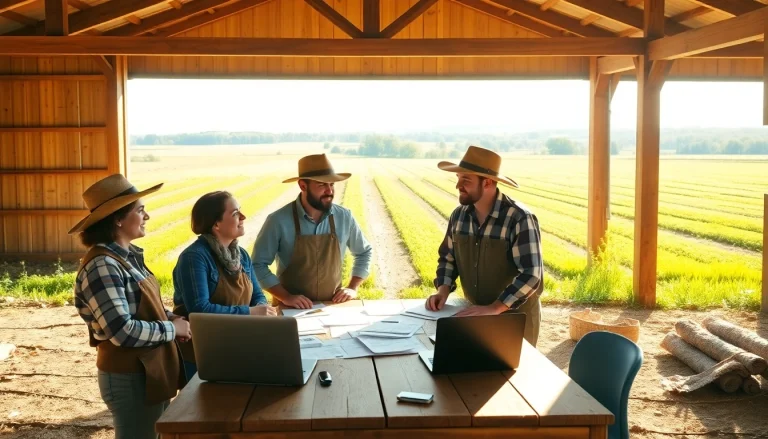 Discussing agriculture law amidst regulatory documents in a bright barn setting.