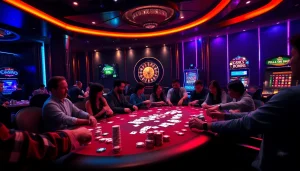 Gamblers engaging at a poker table surrounded by excitement at https://topclub.space/.