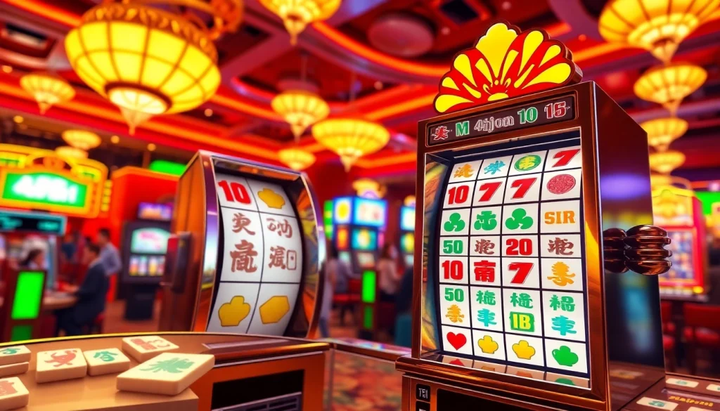 Mainkan mahjong slot dengan simbol mahjong yang berwarna-warni di mesin slot kasino.