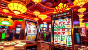 Mainkan mahjong slot dengan simbol mahjong yang berwarna-warni di mesin slot kasino.