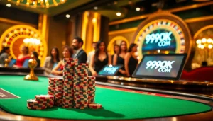 Experience the excitement of winning at 99OK COM, featuring a high-stakes poker table and luxury casino elements.