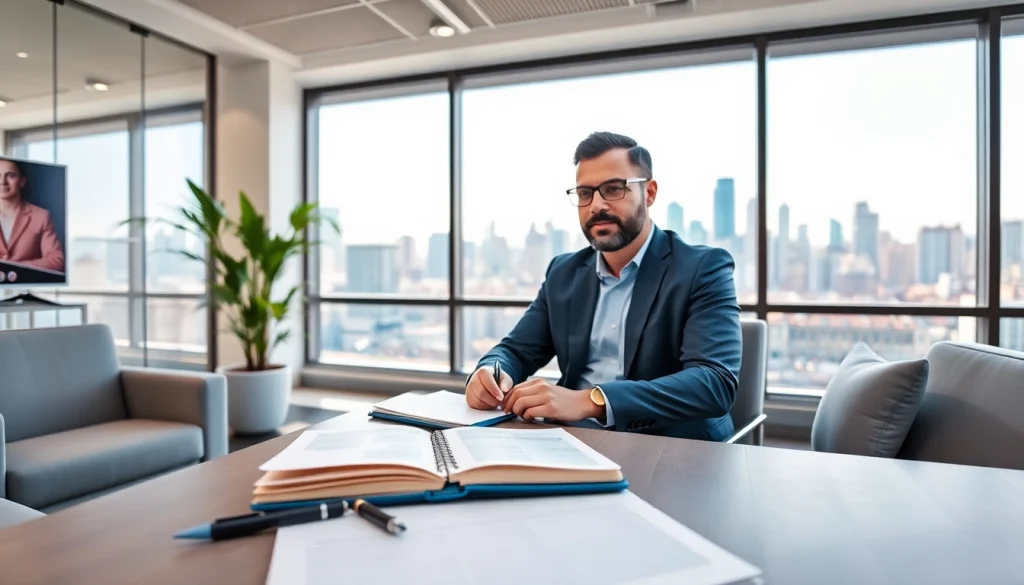 Engaging business coach los Angeles conducting a video call with a client in a modern office.