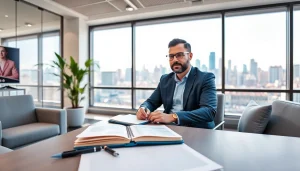 Engaging business coach los Angeles conducting a video call with a client in a modern office.