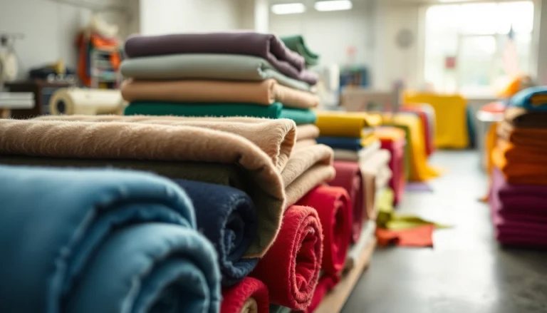 Fleece stoffen in een workshop, kleurrijke texturen en handwerk benadrukkend.