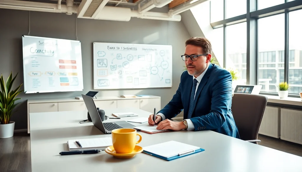 Engaging business coach near me in a vibrant office setting with motivational tools.