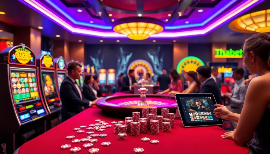 Thabet players engaging with vibrant casino games and online gambling interfaces.