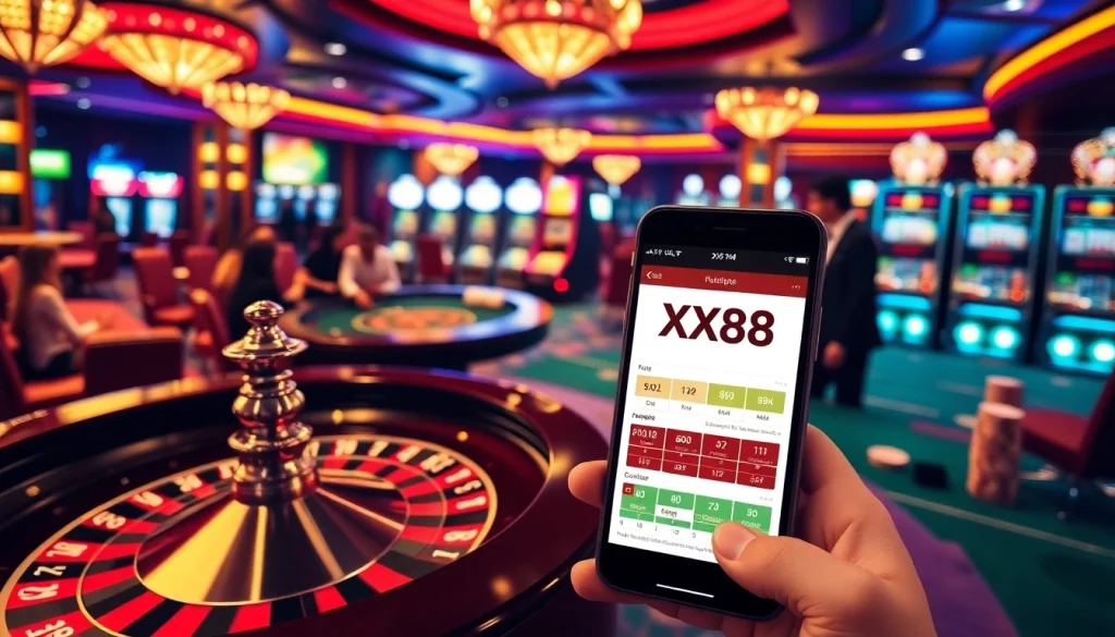 Experience the excitement of betting with XX88 in a luxurious casino atmosphere featuring vibrant gaming elements.