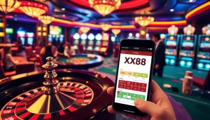 Experience the excitement of betting with XX88 in a luxurious casino atmosphere featuring vibrant gaming elements.