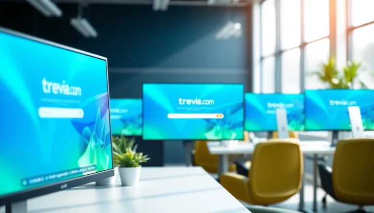Showcase of trevia.com digital interface in a modern workspace setting, emphasizing sleek design and vibrant colors.