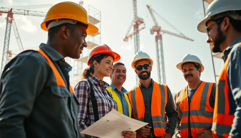 Engaged professionals showcasing careers in construction at a vibrant building site.