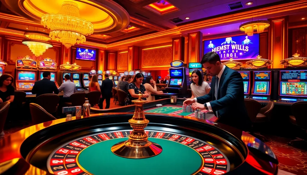 Experience the excitement of winning at https://33win.services/ with a vibrant casino scene featuring roulette, poker chips, and players.
