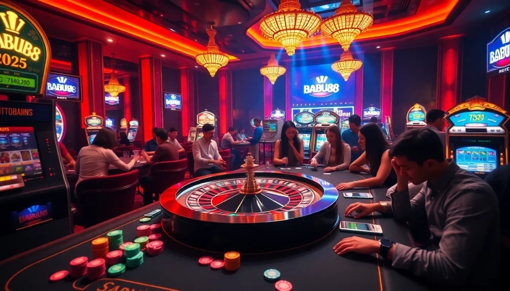 Babu88 casino players enjoying intense gaming action at a roulette table with vibrant poker chips.