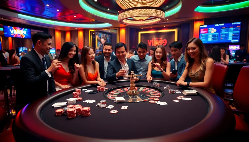 Experience the excitement of VUA99 at a luxurious poker table with vibrant casino elements.