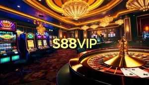 S88VIP offers an exhilarating casino experience with vibrant slot machines and a spinning roulette wheel.