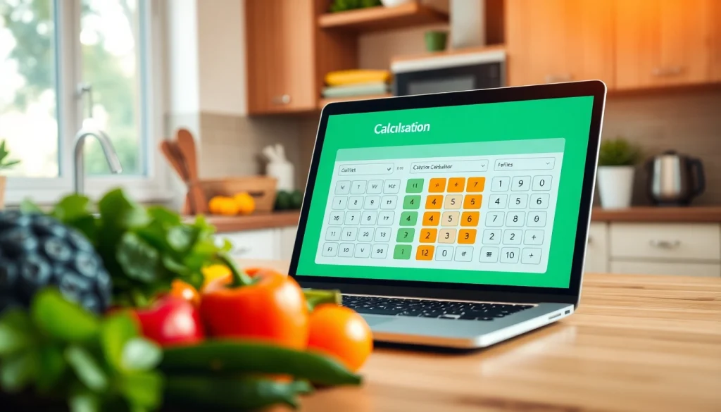 Interactive calorie calculator displayed on a laptop with vibrant fruits and vegetables nearby.