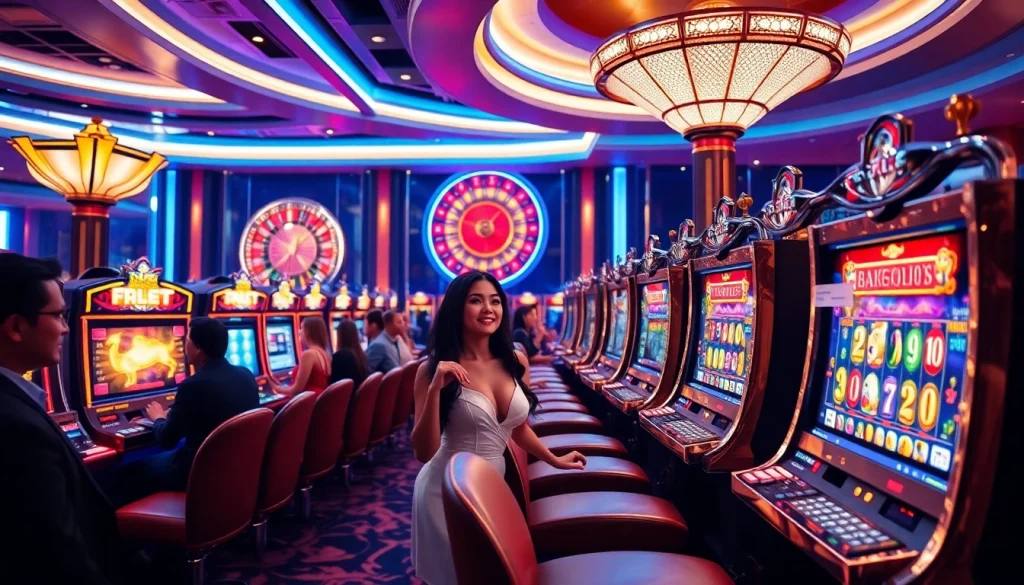 Experience the thrill of Slot Gacor Hari ini with glamorous gamblers enjoying vibrant slot machines and celebrating wins.