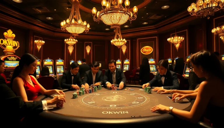Experience the excitement of Okwin at a vibrant casino with poker chips and glowing slot machines.