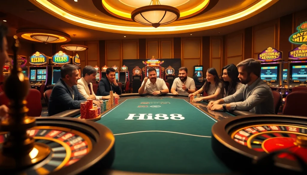 Excited players enjoying a game at the Hi88 poker table in a luxurious casino setting.